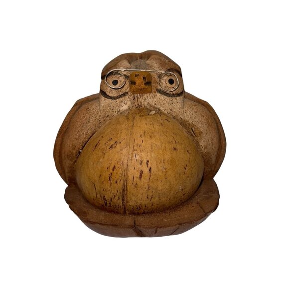 Handmade Wise Owl Wearing Glasses Coconut Shell Figurine Sculpture Kitsch BOHO - Picture 1 of 12